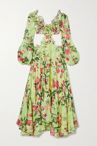 Cutout Ruffled Floral-print Jacquard Maxi Dress - Chartreuse