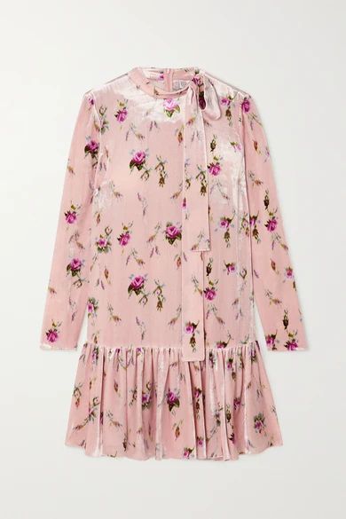 Tie-detailed Floral-print Velvet Mini Dress - Pink