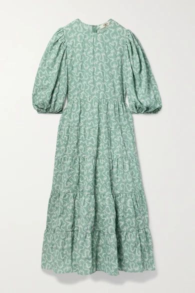 Thandie Tiered Printed Cloqué Midi Dress - Gray green