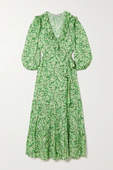 Frida Ruffled Floral-print Crepe Wrap Midi Dress - Green