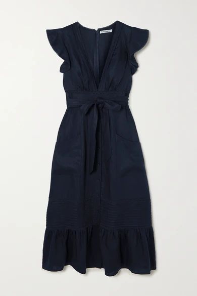 Lili Belted Lace-trimmed Linen Midi Dress - Navy