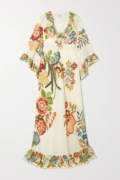 Ruffled Floral-print Silk Gown - White