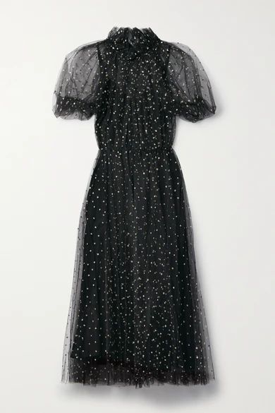 Gathered Glittered Tulle Midi Dress - Black