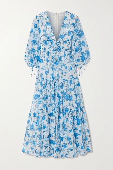 Faustine Floral-print Cotton And Silk-blend Voile Midi Dress - Blue