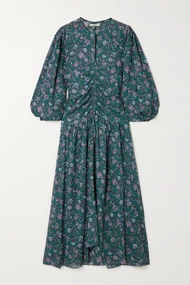 Mariana Gathered Floral-print Cotton-voile Midi Dress - Dark green