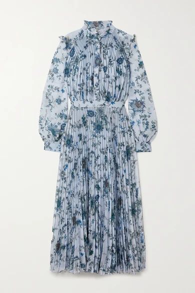 Narella Hogarth Pleated Floral-print Voile Midi Dress - Sky blue