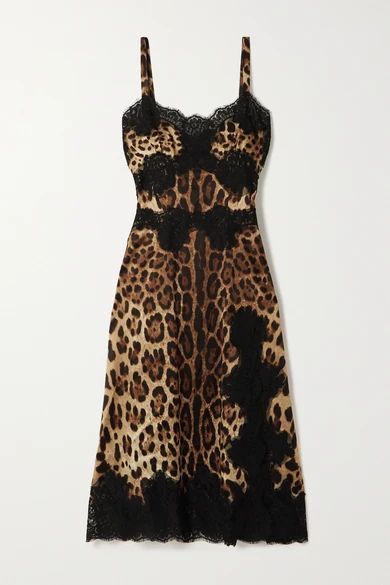 Lace-trimmed Leopard-print Silk-blend Satin Midi Dress - Brown