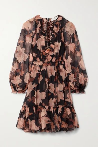 Concert Lace-up Floral-print Silk-crepon Mini Dress - Black