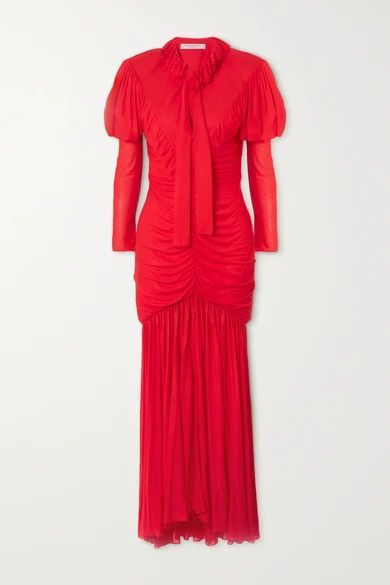 Tie-detailed Ruched Modal-jersey Maxi Dress - Red
