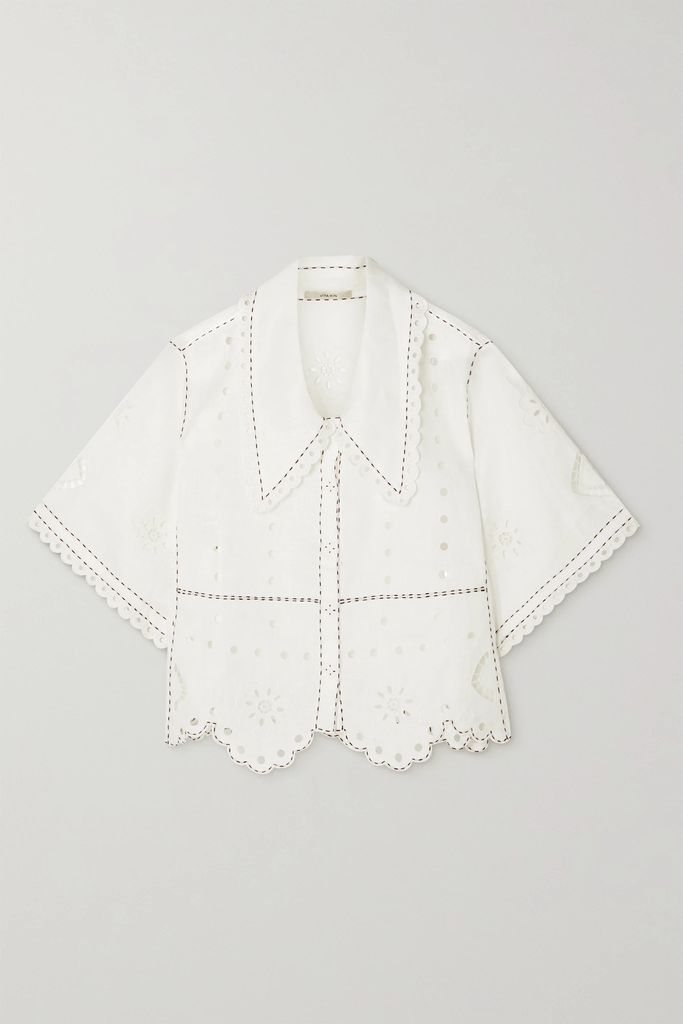Charlie Topstitched Broderie Anglaise Linen Blouse - White