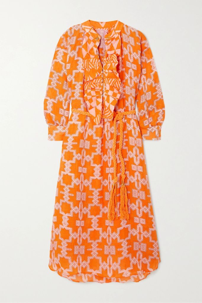 Belted Ruffled Printed Linen Midi Dress - Orange