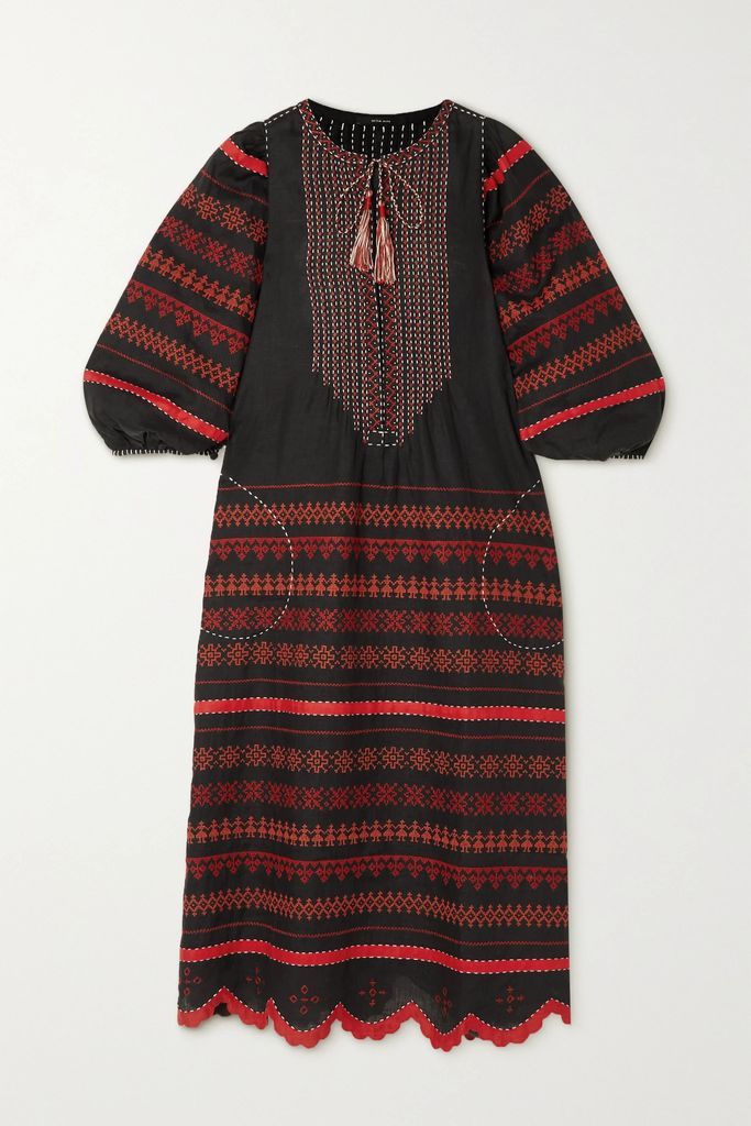 Belarus Tasseled Embroidered Linen Midi Dress - Black