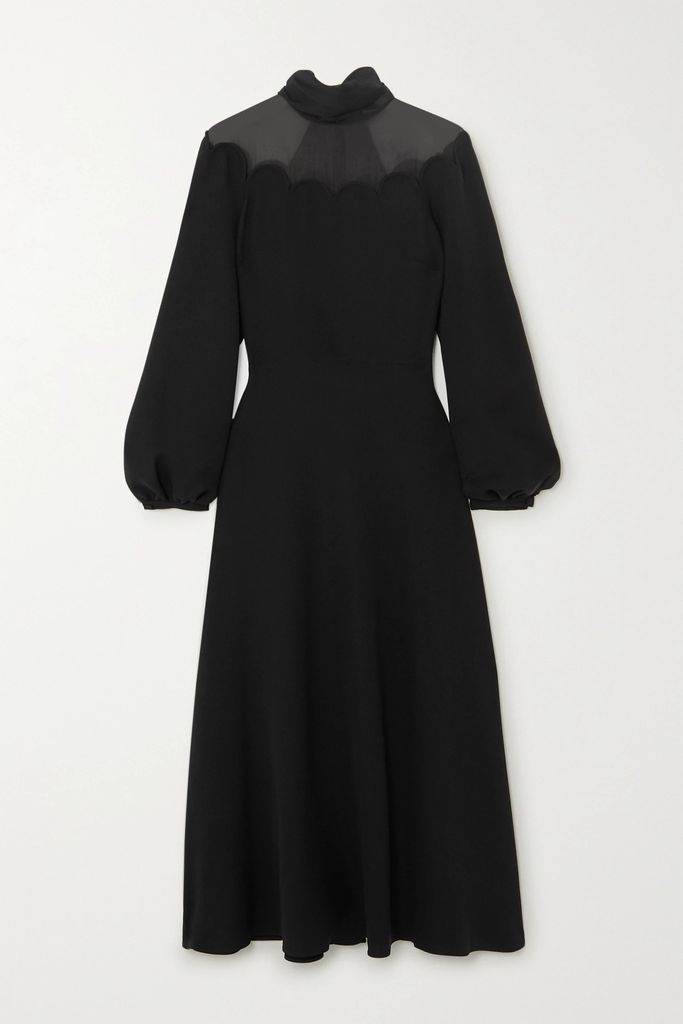 Tulle-trimmed Scalloped Silk-crepe Midi Dress - Black