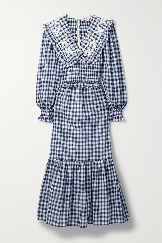Gina Shirred Embroidered Gingham Cotton-voile Midi Dress - Blue