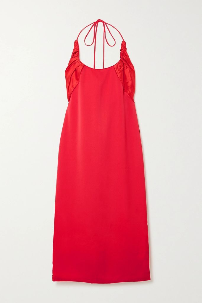 Flash Crepe And Ruched Silk-satin Halterneck Midi Dress - Red