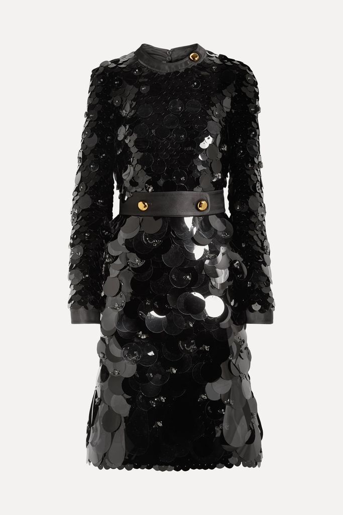 Belted Silk-trimmed Embellished Chiffon Dress - Black