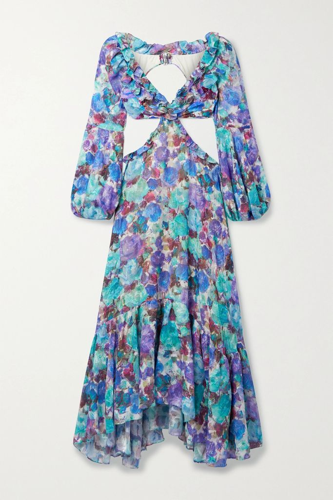 Cutout Ruffled Floral-print Jersey And Jacquard Maxi Dress - Blue