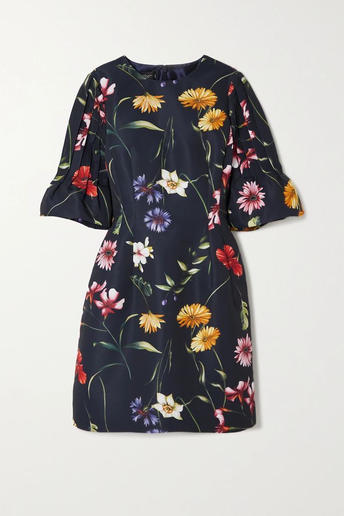 Pleated Floral-print Crepe Mini Dress - Blue