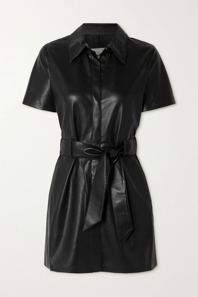 Halli Belted Vegan Leather Mini Shirt Dress - Black