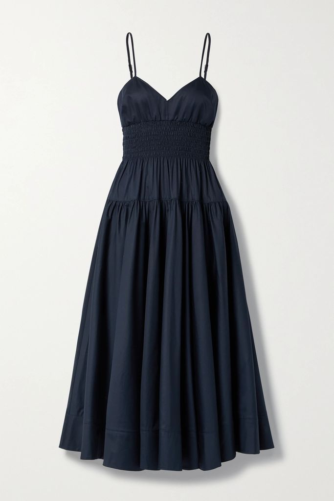 Smocked Cotton-poplin Midi Dress - Blue