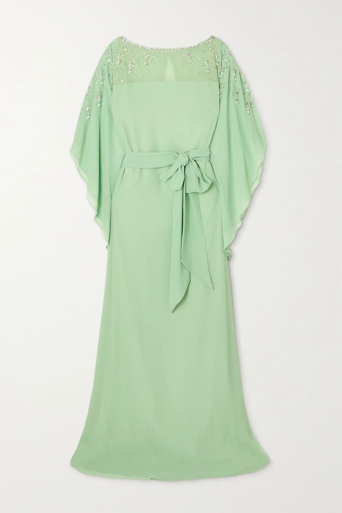 Belted Embellished Chiffon Gown - Green