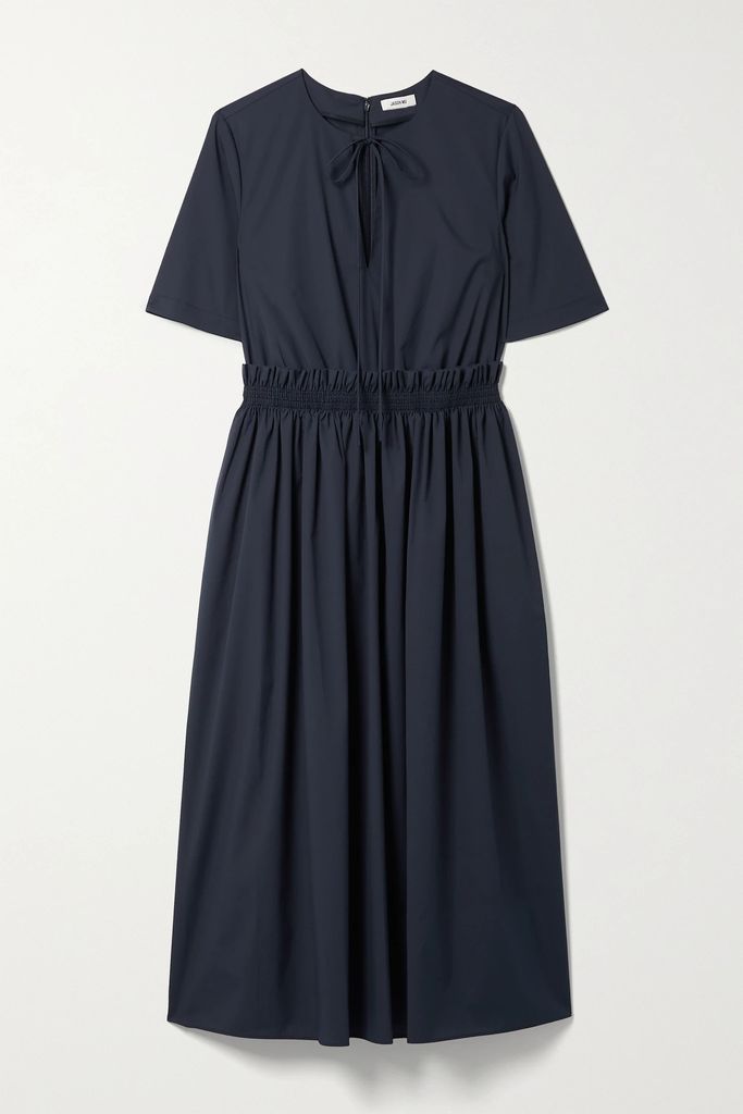 Smocked Cotton-blend Poplin Midi Dress - Blue