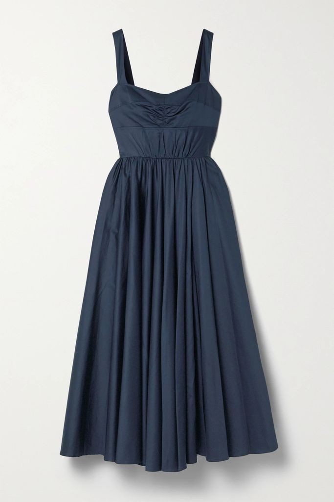 Gathered Cotton-sateen Midi Dress - Blue