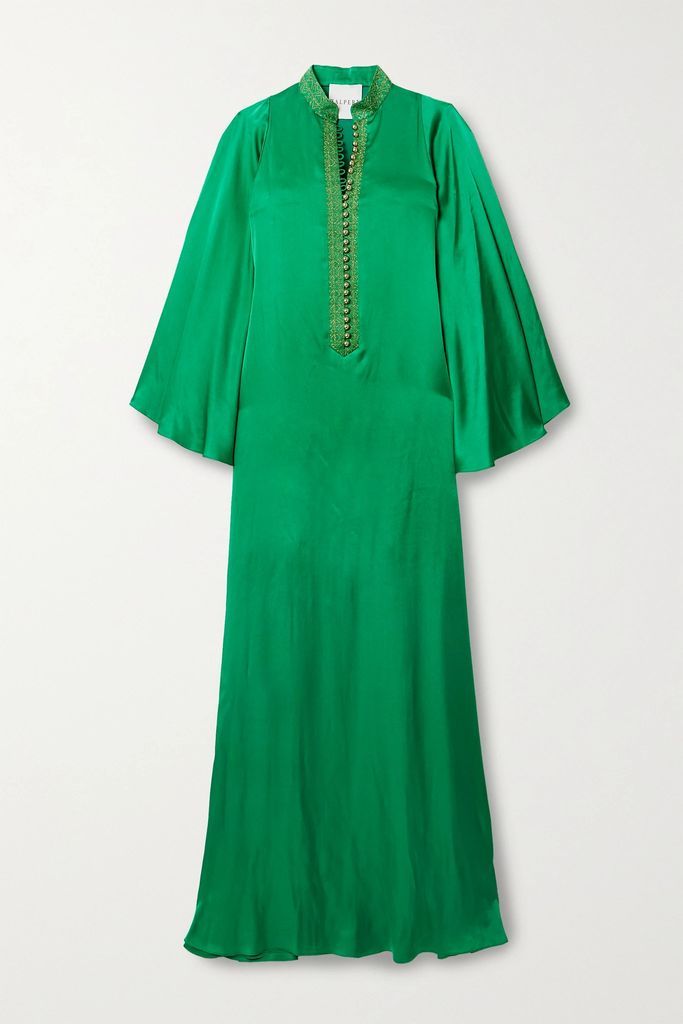 Embroidered Satin Maxi Dress - Green