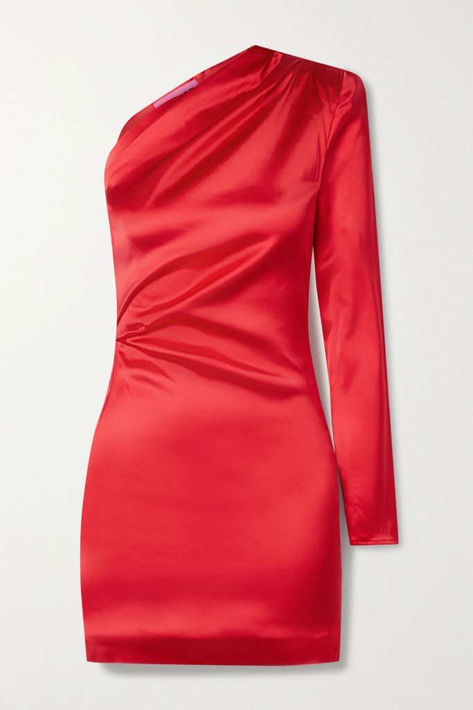 Charras One-sleeve Draped Satin Mini Dress - Red