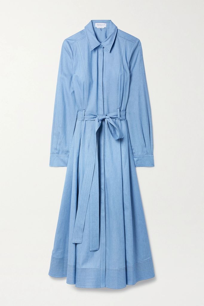 Sola Belted Cotton And Silk-blend Chambray Midi Shirt Dress - Blue
