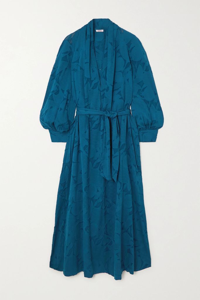 Oranger Miel Belted Devoré Silk And Cotton-blend Maxi Dress - Blue