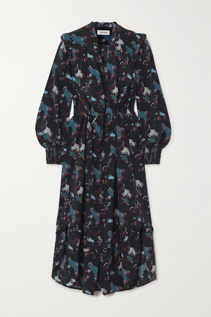 Stella Ruffled Printed Silk Crepe De Chine Midi Dress - Blue