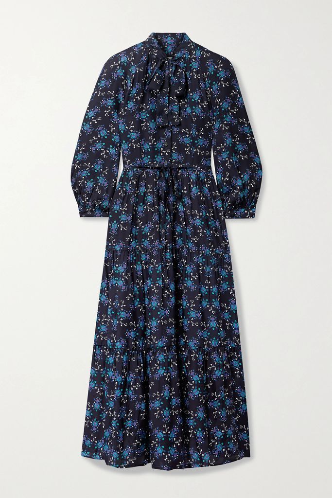 Olivia Tie-detailed Tiered Printed Satin-twill Midi Dress - Blue