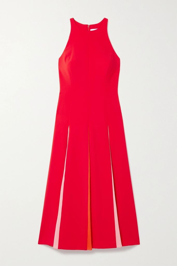 Satin-trimmed Pleated Crepe Midi Dress - Red