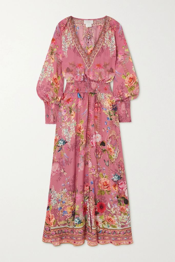 Embellished Smocked Silk Crepe De Chine Maxi Dress - Pink