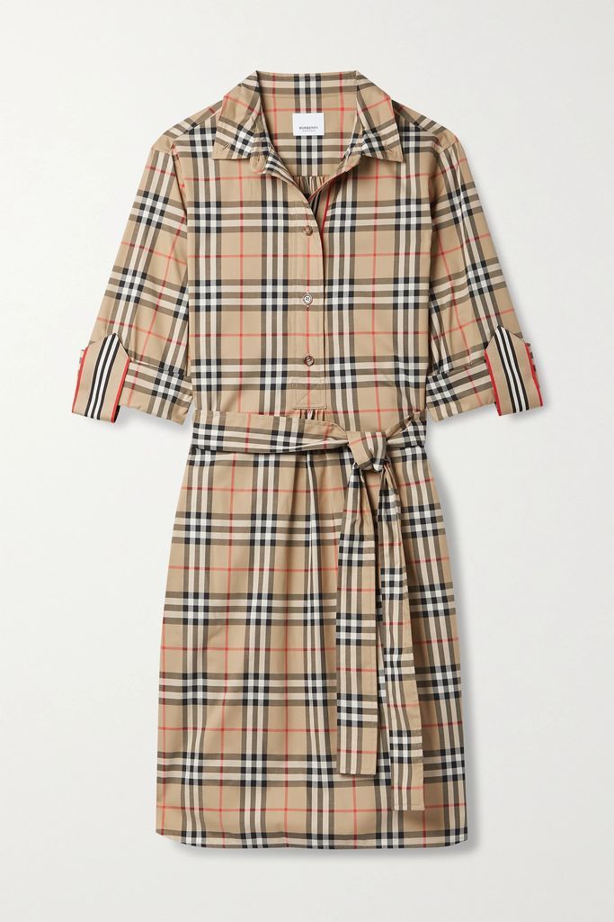 + Net Sustain Belted Checked Cotton-blend Poplin Mini Shirt Dress - Brown