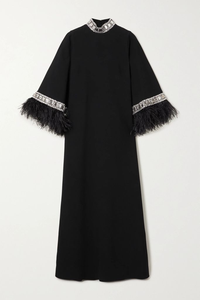 Feather-trimmed Crystal-embellished Crepe Gown - Black