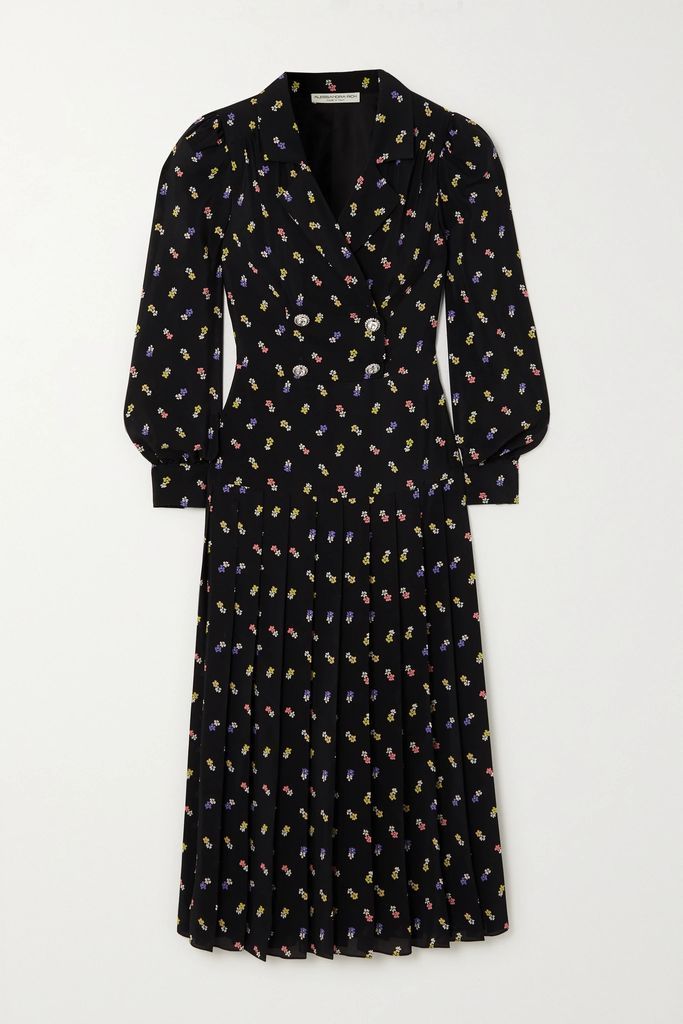Pleated Floral-print Silk Crepe De Chine Midi Dress - Black