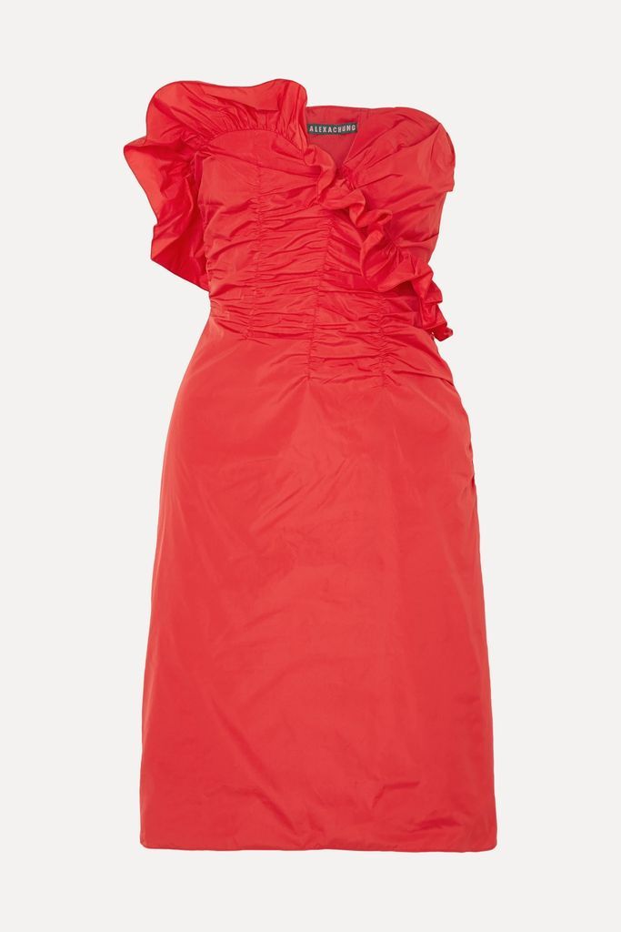 Ruffled Ruched Taffeta Dress - Red