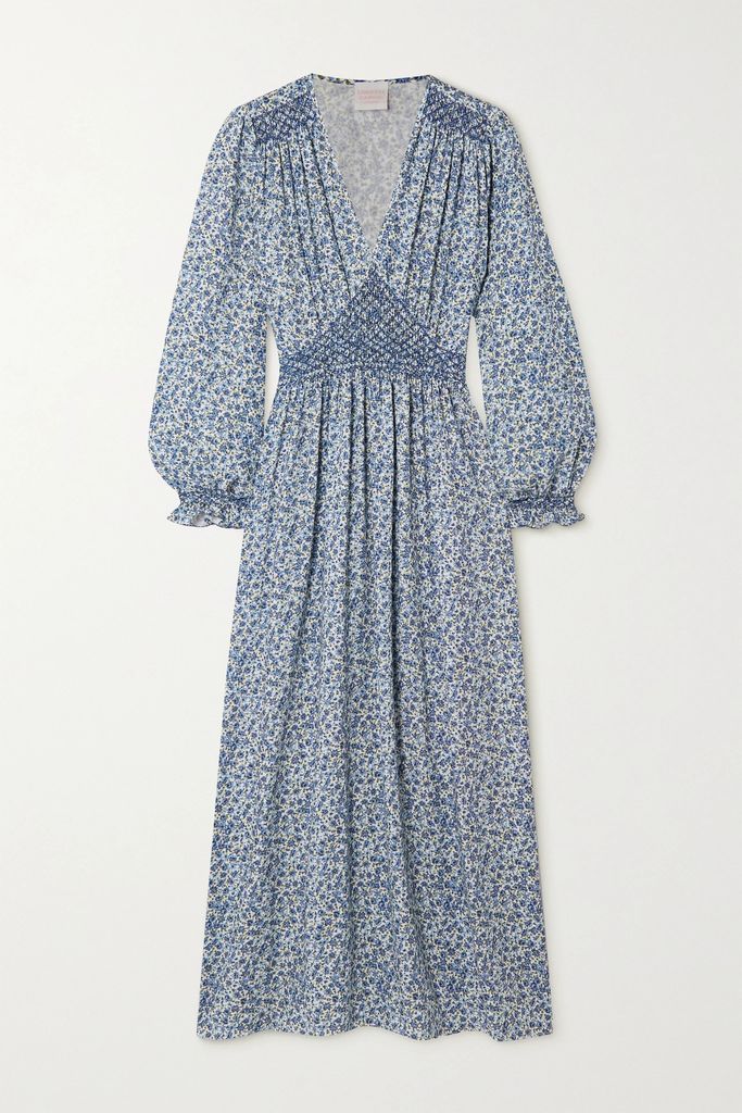 Anna Ruffled Smocked Floral-print Poplin Midi Dress - Blue