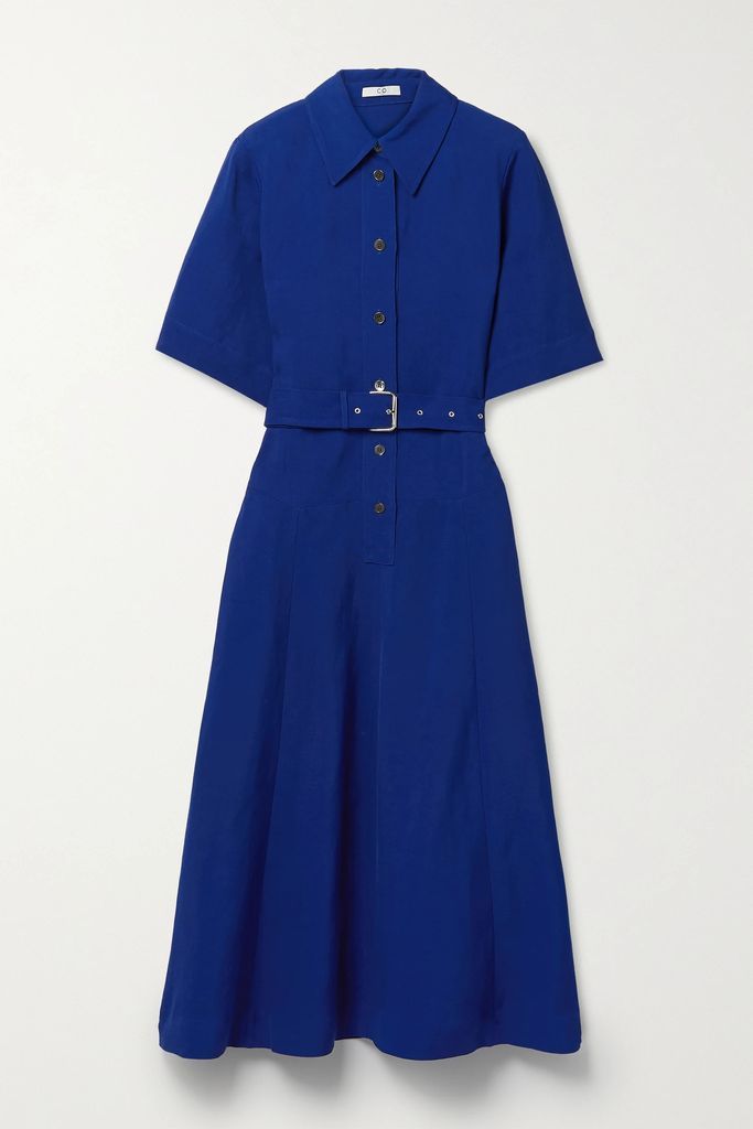 Belted Woven Midi Shirt Dress - Blue