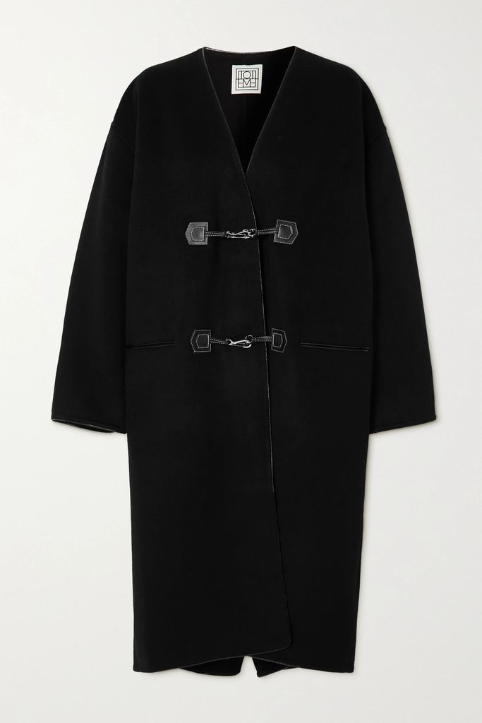 Leather-trimmed Brushed Wool And Cashmere-blend Coat - Black