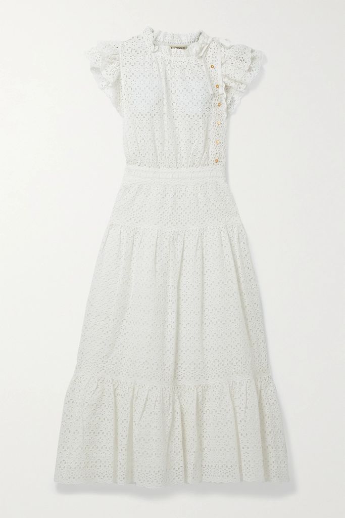 Lucille Tie-detailed Ruffled Broderie Anglaise Cotton Midi Dress - White