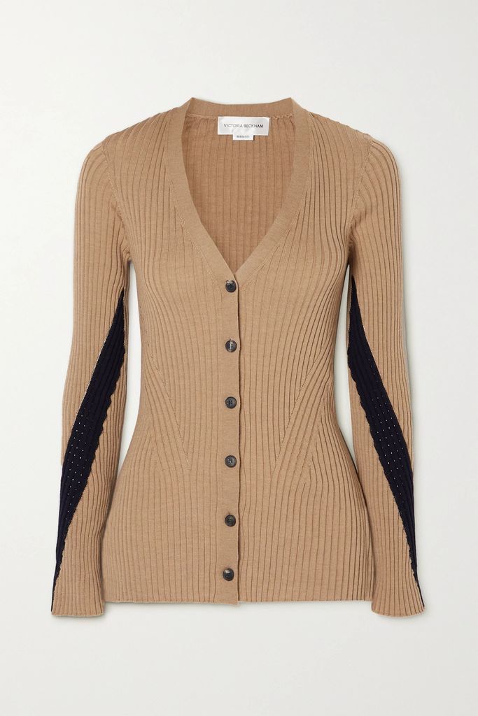 Two-tone Ribbed Wool Cardigan - Camel