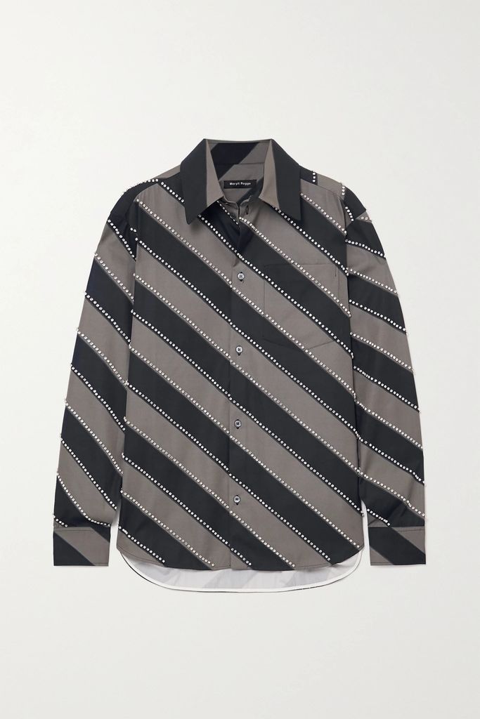 Oversized Crystal-embellished Striped Cotton-poplin Shirt - Gray