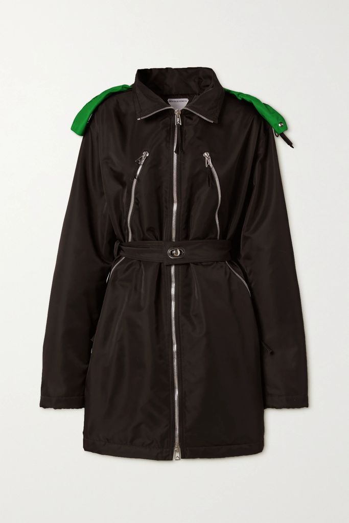 Hooded Belted Zip-detailed Shell Coat - Brown