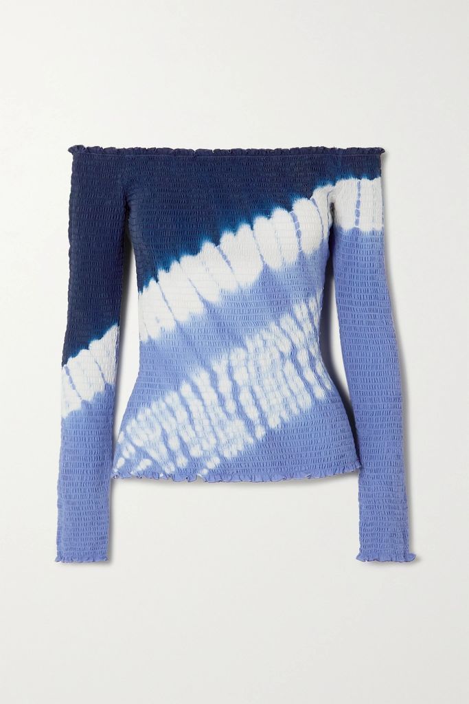 Misu Off-the-shoulder Tie-dyed Shirred Silk Crepe De Chine Top - Blue