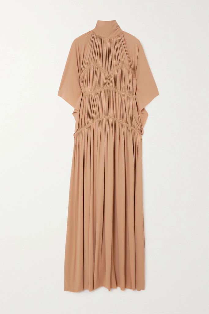 Pleated Ruched Stretch-jersey Maxi Dress - Brown