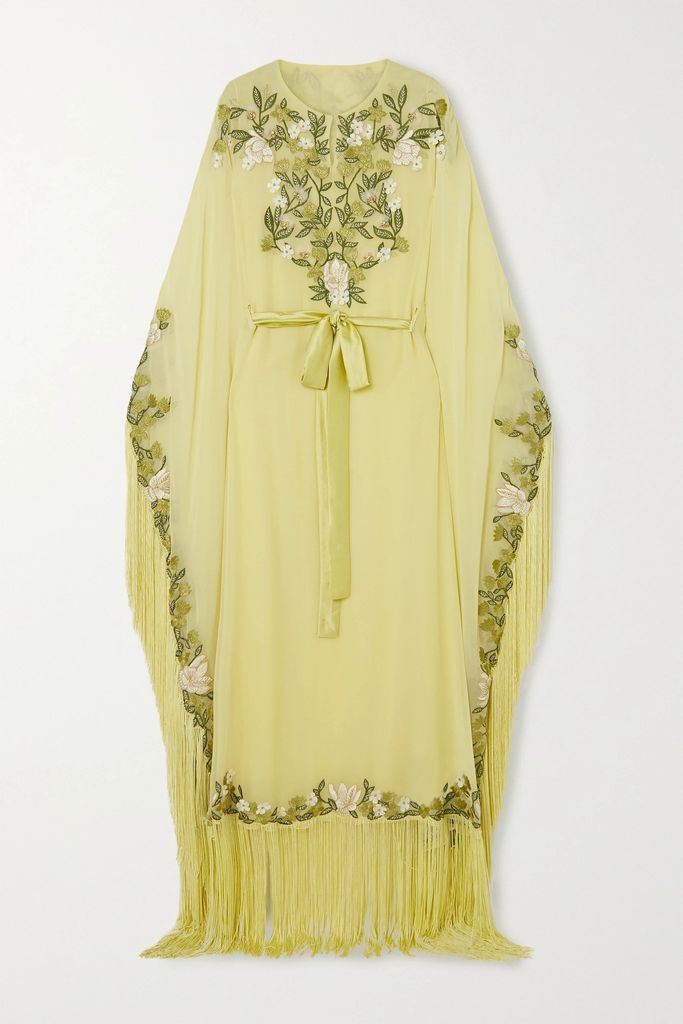 Belted Fringed Embroidered Georgette Gown - Yellow