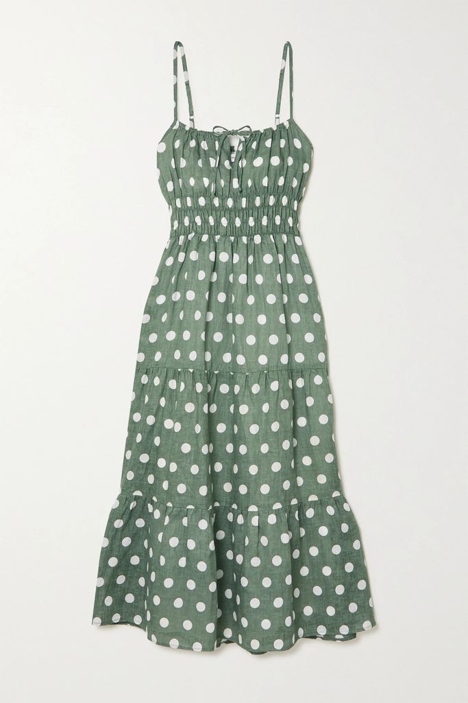 + Net Sustain Shaloom Shirred Polka-dot Linen Midi Dress - Gray green